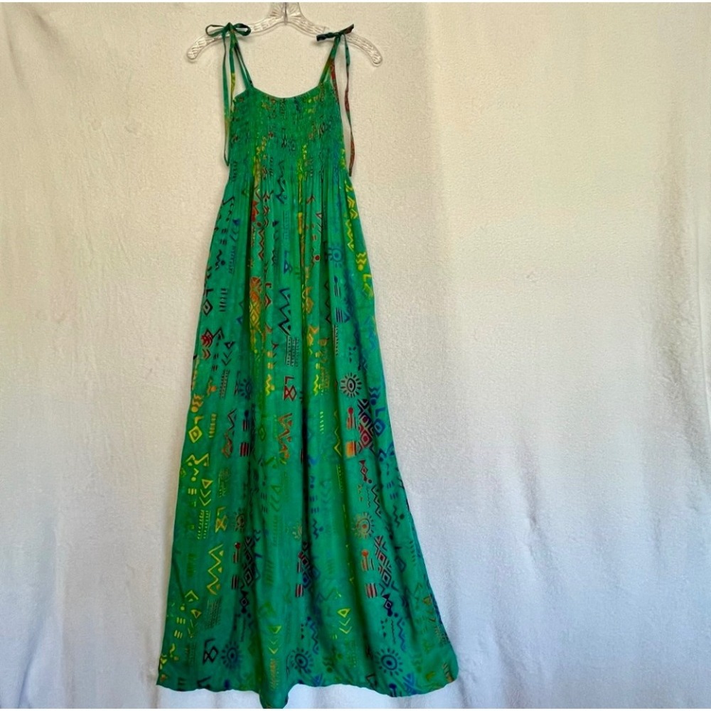 Batik Bali Unique Green‎ Smocked Maxi Sundress Boho Hippie Tie Strap One Size